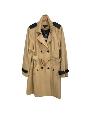 Michel Studio Collection Double-Breasted Trench Coat 2X Tan & Black Epaulettes